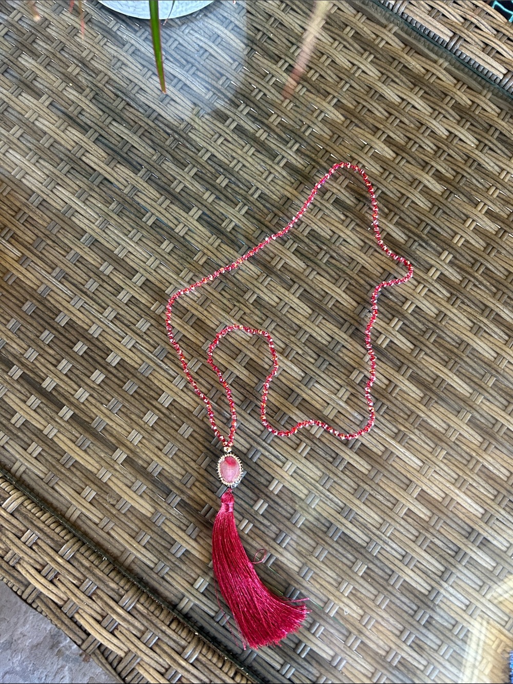 Bright Red Tassel Pendant Necklace with Faceted Stone